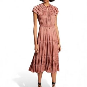 Ulla Johnson Mauve Silky Pleated Midi Dress, Sz 12